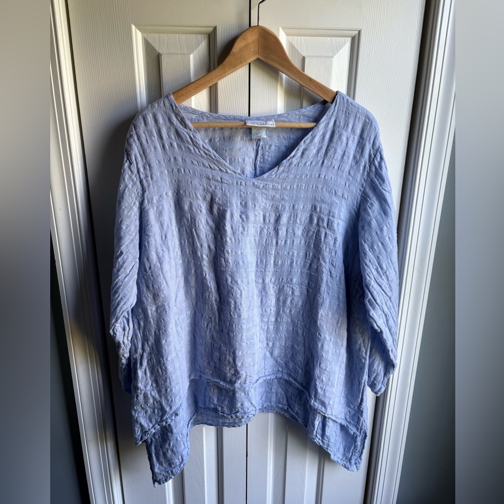 La Fixsun 3/4 Sleeve Double Layer Pullover Linen Tunic Light Blue Size Small